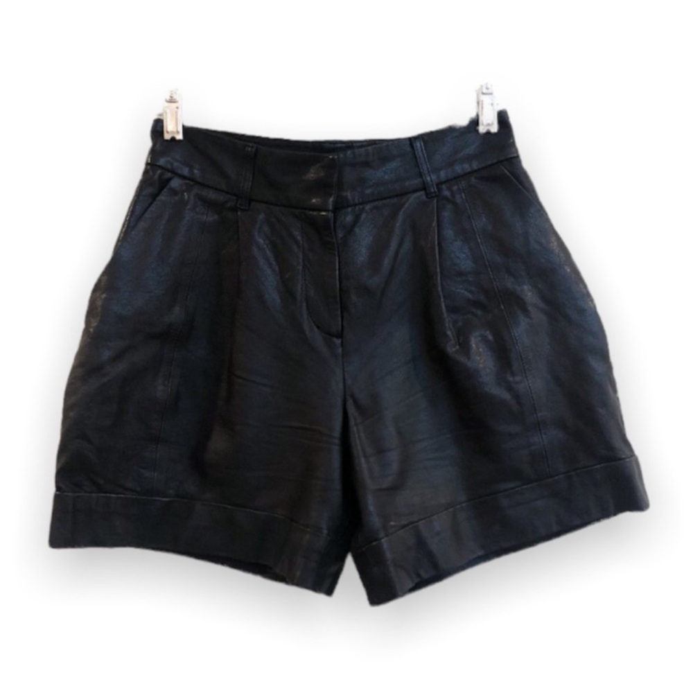 Club Monaco 100% Lamb Leather High Waist Black Baggy Designer Shorts Women's 0